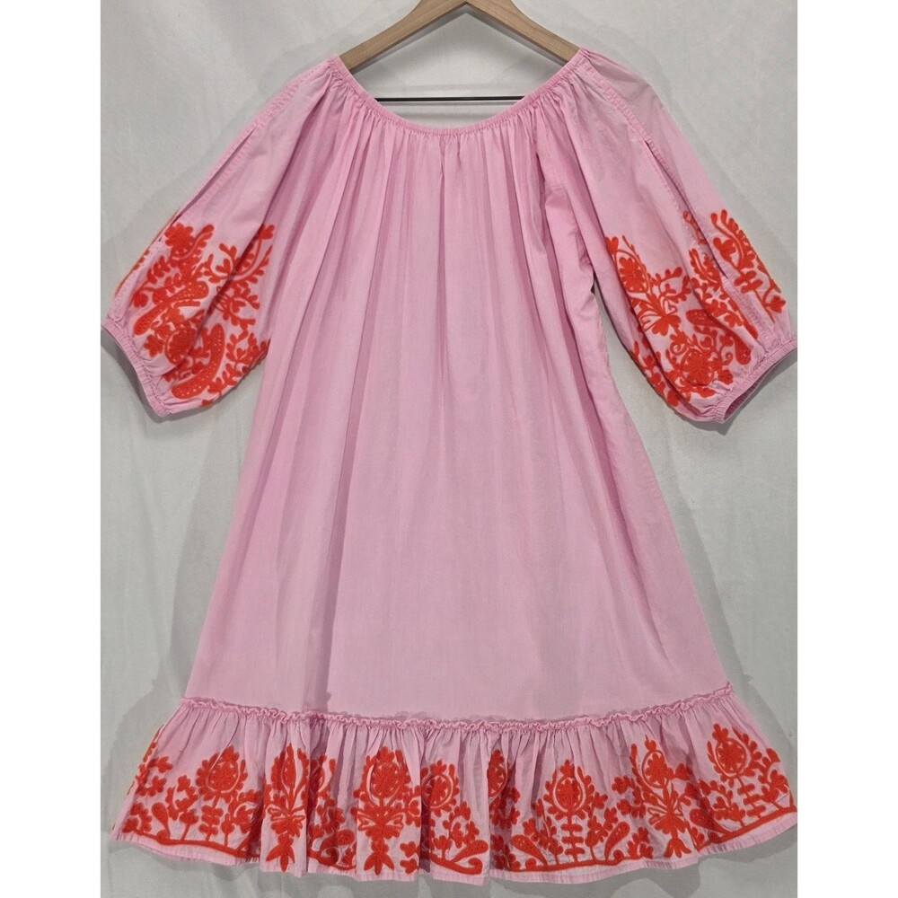 Top It Off Embroidered Shift Dress M/L Pink Cotton Puff Sleeve Summer Beach Boho